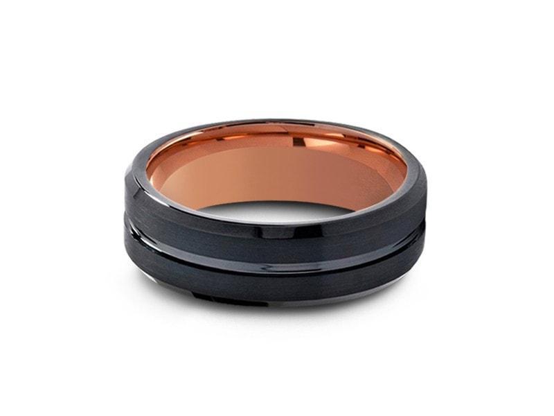 Black & Rose Gold Tungsten Wedding Band - Brushed Polished - Two Tone Ring - Engagement Band - Beveled Shaped - Comfort Fit  6mm - Vantani Wedding Bands