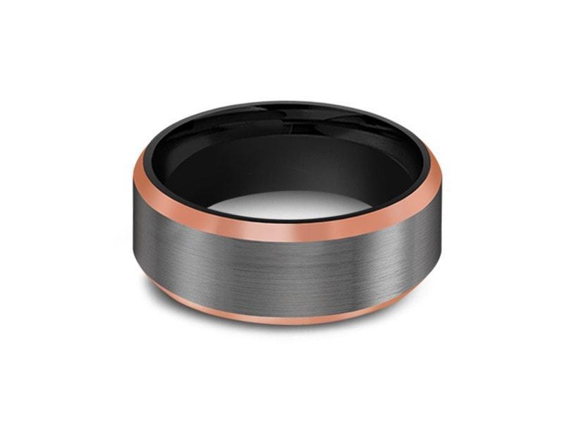 Brushed Tungsten Wedding Band - Gunmetal - Rose Gold Inlay - Engagement Ring - Beveled Shaped - Comfort Fit  8mm - Vantani Wedding Bands