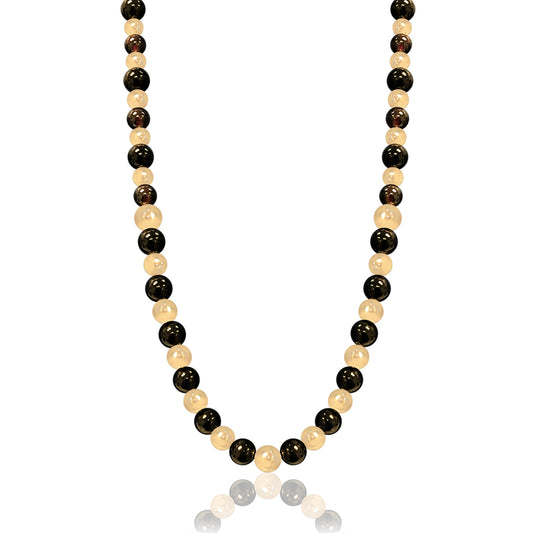 14K Yellow gold beaded necklace with onyx and garnet