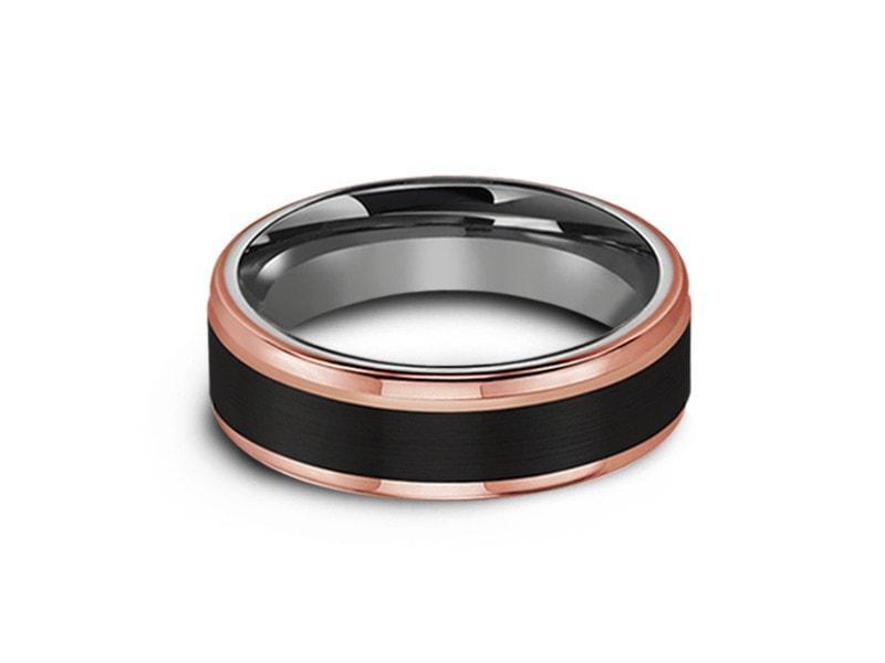 Brushed Black Tungsten Wedding Band - Rose Gold Edges - Three Tone Ring - Engagement Band - Ridged Edges - Comfort Fit  6mm - Vantani Wedding Bands