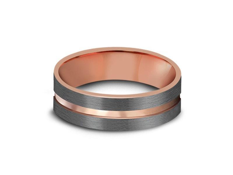 Rose Gold Tungsten Wedding Band - Gray Brushed Ring - Rose Gold Plated Inlay - Two Tone - Flat Shaped - Comfort Fit  6mm - Vantani Wedding Bands