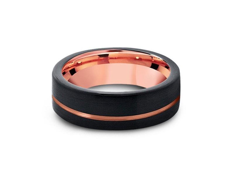 Black & Rose Gold Tungsten Wedding Band - Brushed Polished - Two Tone Ring - Engagement Band - Flat Shaped - Comfort Fit  8mm - Vantani Wedding Bands