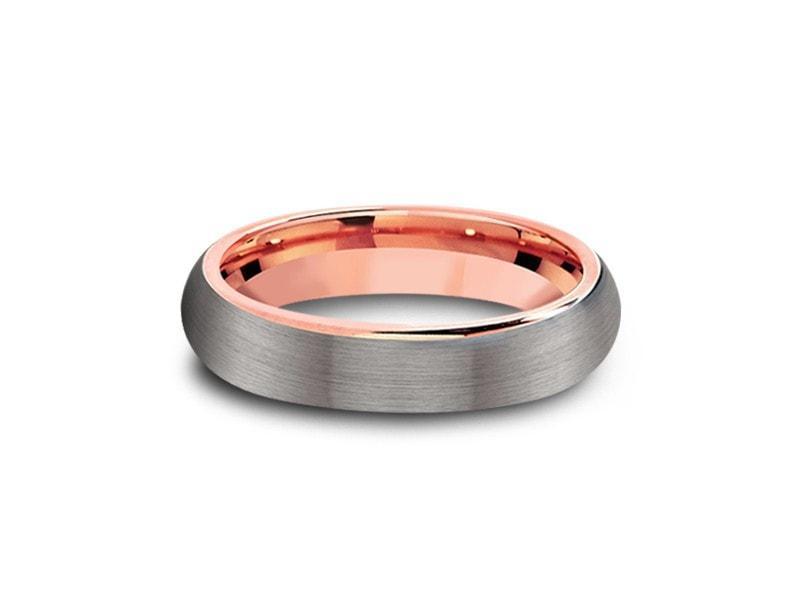 Rose Gold Tungsten Wedding Band - Gray Brushed Ring - Rose Gold Plated Inlay - Two Tone - Dome Shaped - Comfort Fit  6mm - Vantani Wedding Bands