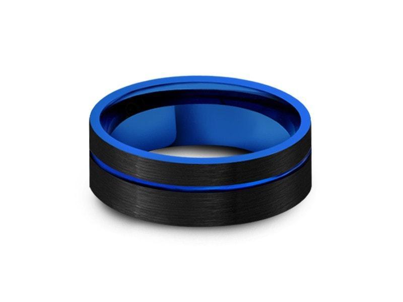 Blue Tungsten Carbide Wedding Band - Black Brushed Ring - Two Tone Band - Engagement Ring - Flat Shaped - Comfort Fit  8mm - Vantani Wedding Bands