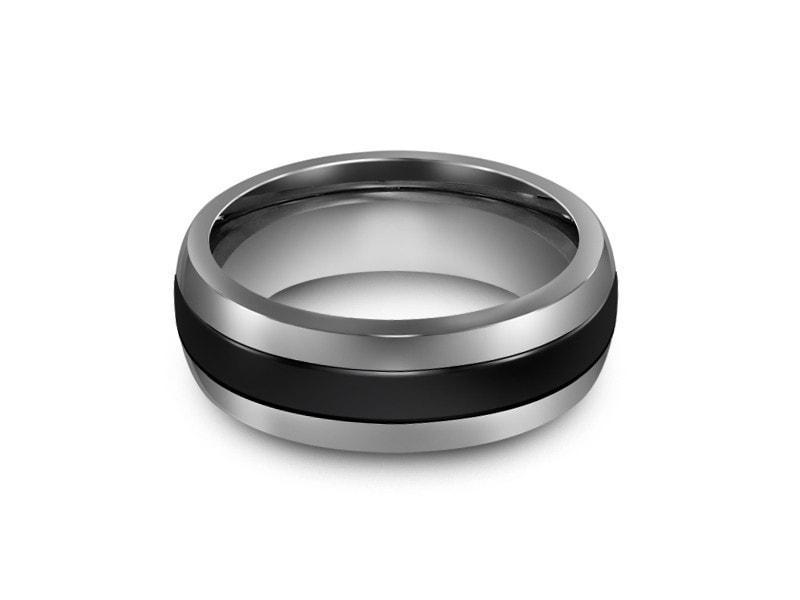 Tungsten Wedding Band With Black Ceramic Inlay - Engagement Ring - Dome Shaped - Comfort Fit  8mm - Vantani Wedding Bands