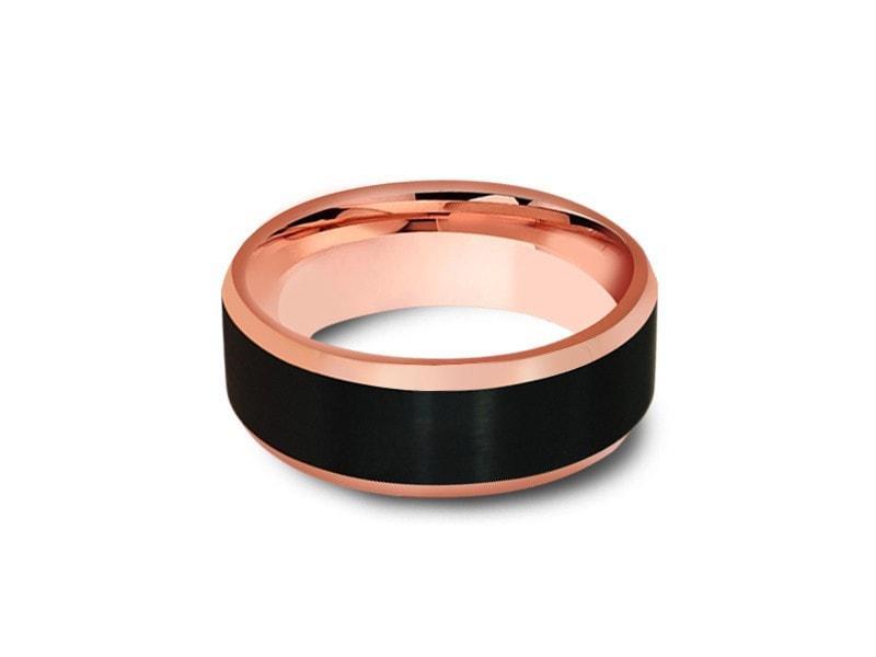 Black & Rose Gold Tungsten Wedding Band - Brushed Polished - Two Tone Ring - Engagement Band - Beveled Shaped - Comfort Fit  8mm - Vantani Wedding Bands