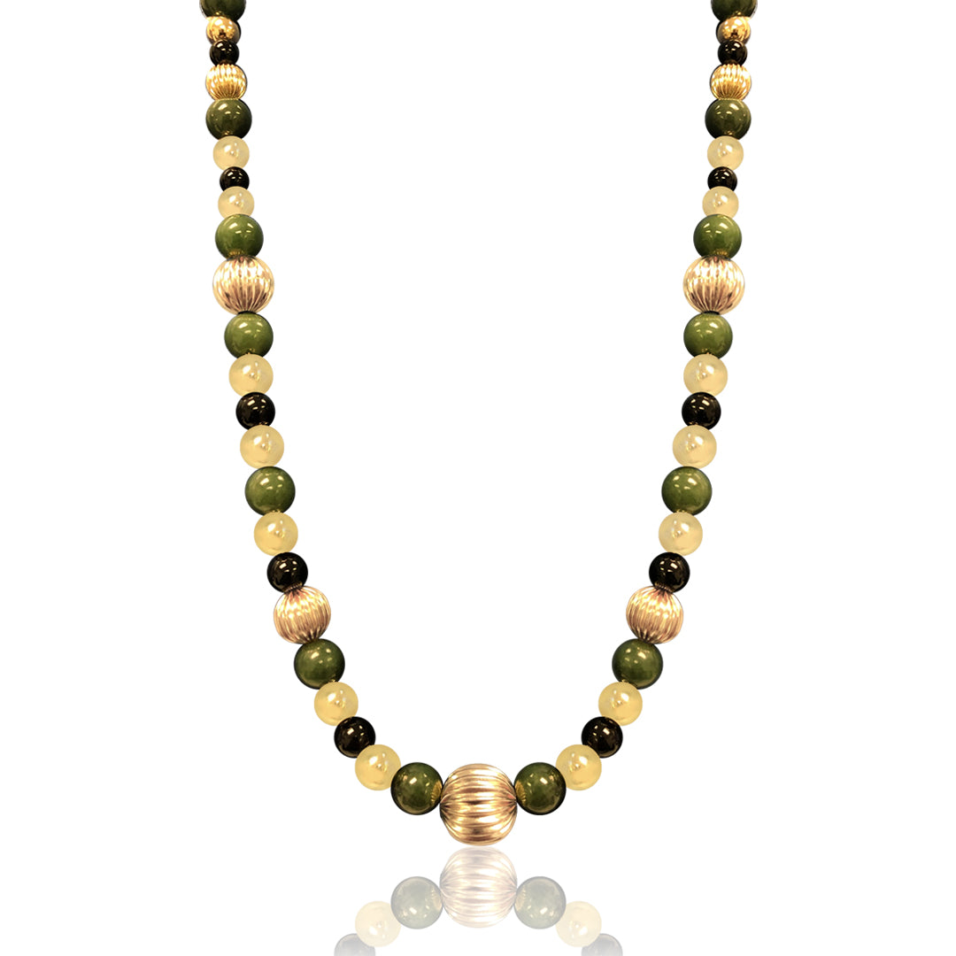 14K Yellow gold beaded necklace with jade and onyx