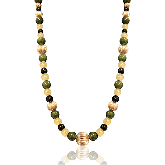 14K Yellow gold beaded necklace with jade and onyx