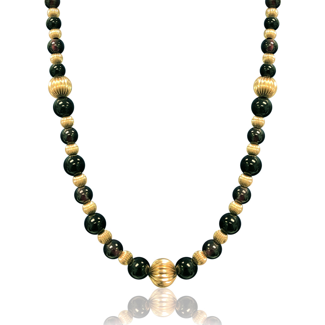 14K Yellow gold beaded necklace with onyx and garnet