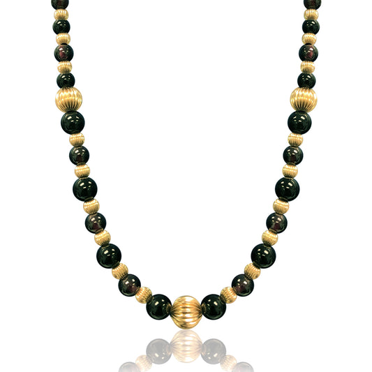 14K Yellow gold beaded necklace with onyx and garnet