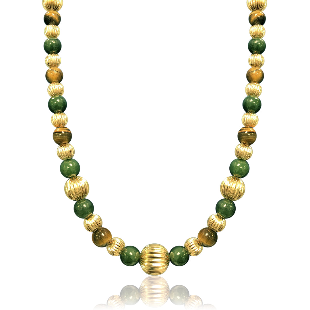 14K Yellow gold beaded necklace with jade and tiger eye