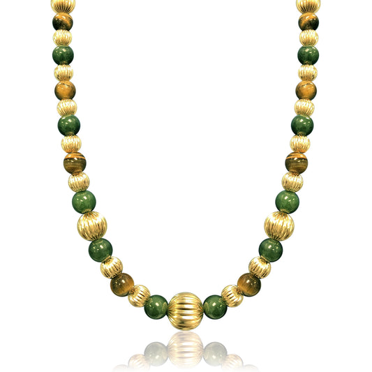 14K Yellow gold beaded necklace with jade and tiger eye