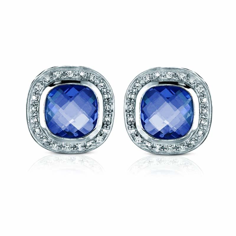 STERLING SILVER SQUARE EARRINGS WITH BLUE CENTER CZ AND CLEAR CZ STONES