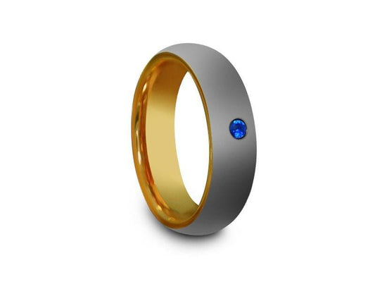 High Polish Yellow Gold Tungsten Wedding Band - Yellow Gold Plated Inlay - Engagement Ring - Two Tone - Dome Shaped - Comfort Fit  6mm - Vantani Wedding Bands