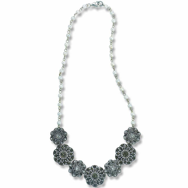 STERLING SILVER NECKLACE WITH MARCASITE AND CRYSTALS