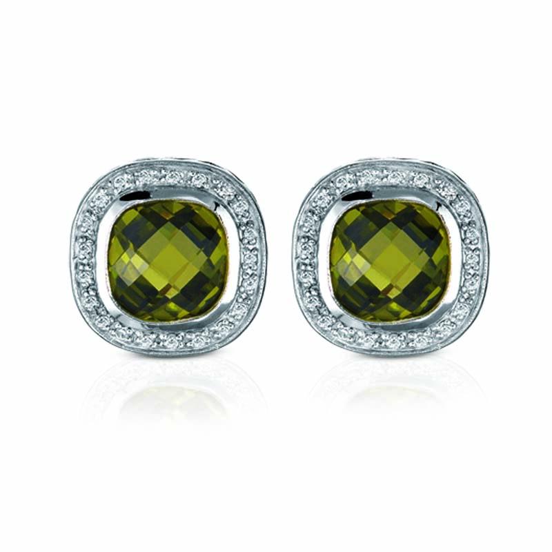 STERLING SILVER SQUARE EARRINGS WITH OLIVE CENTER CZ AND CLEAR CZ STONES