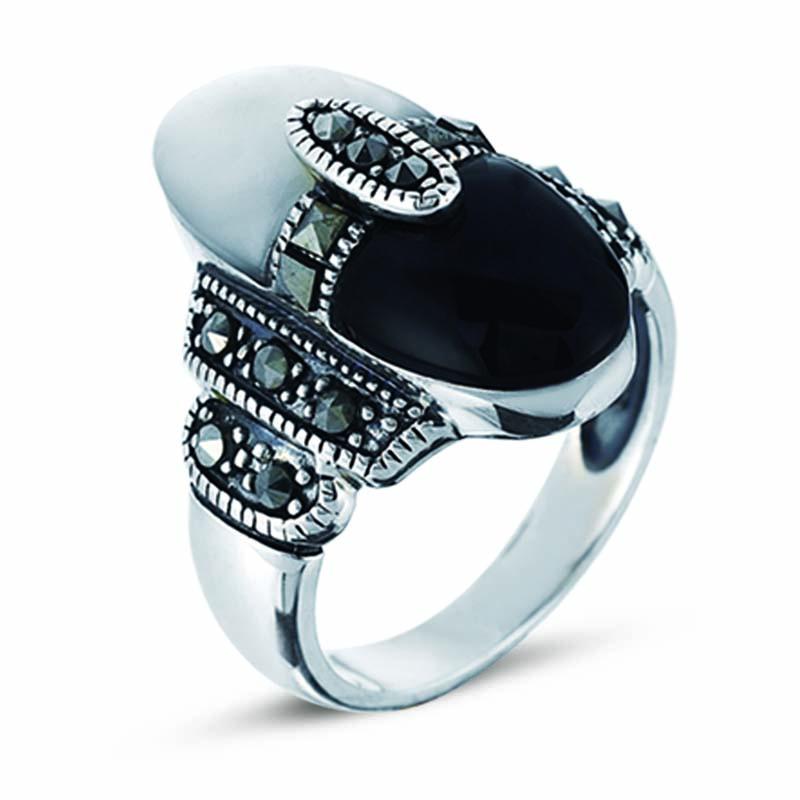 STERLING SILVER RING WITH MARCASITE,ONYX AND CABOCHON