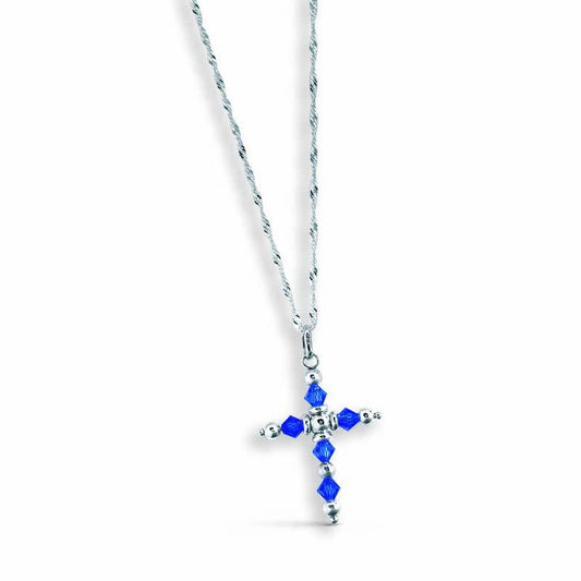 STERLING SILVER CROSS NECKLACE WITH BLUE SWAROVSKI CRYSTALS