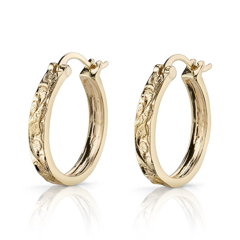 14K YELLOW GOLD ENGRAVED HAWAIIAN HOOP EARRINGS