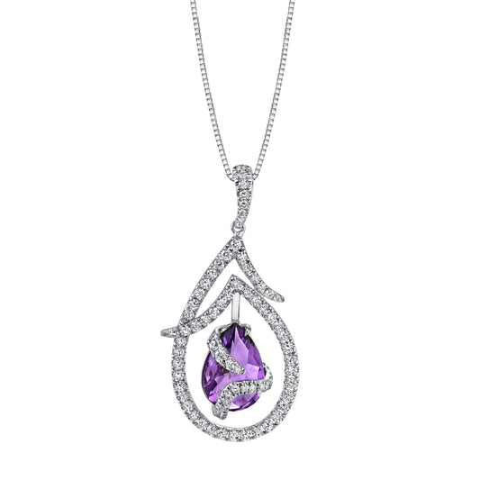 14K WHITE GOLD  DIAMOND NECKLACE WITH DANGLING AMETHYST GEMSTONE