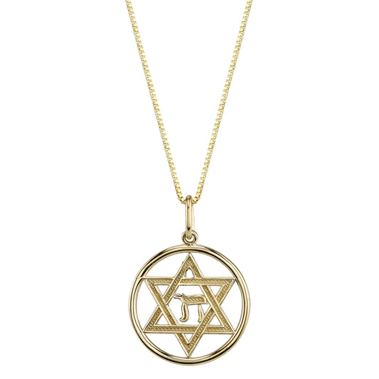 14K YELLOW GOLD STAR OF DAVID CHAI NECKLACE