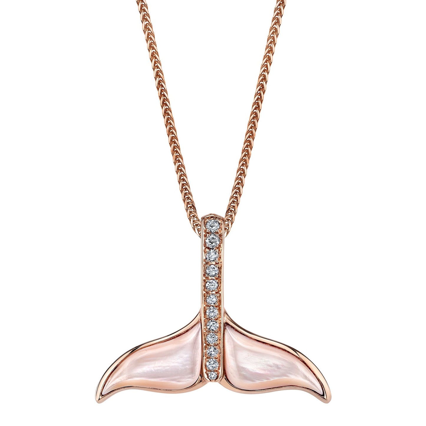 14K ROSE GOLD MOTHER OF PEARL AND DIAMOND WHALE TAIL NECKLACE