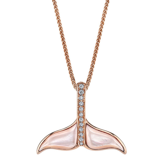 14K ROSE GOLD MOTHER OF PEARL AND DIAMOND WHALE TAIL NECKLACE