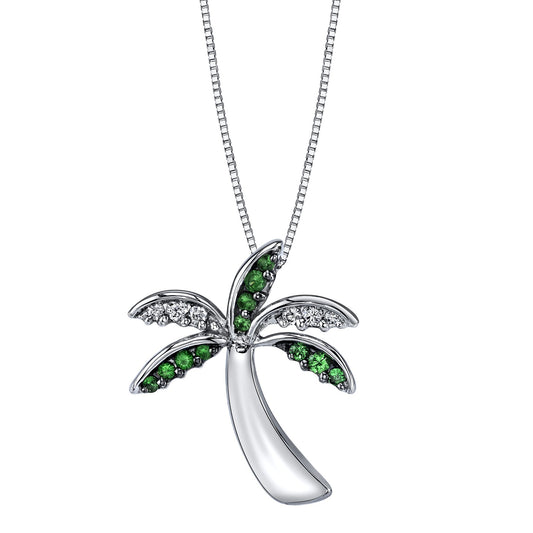 14K WHITE GOLD PALM TREE NECKLACE WITH GREEN TSAVORITE AND DIAMONDS