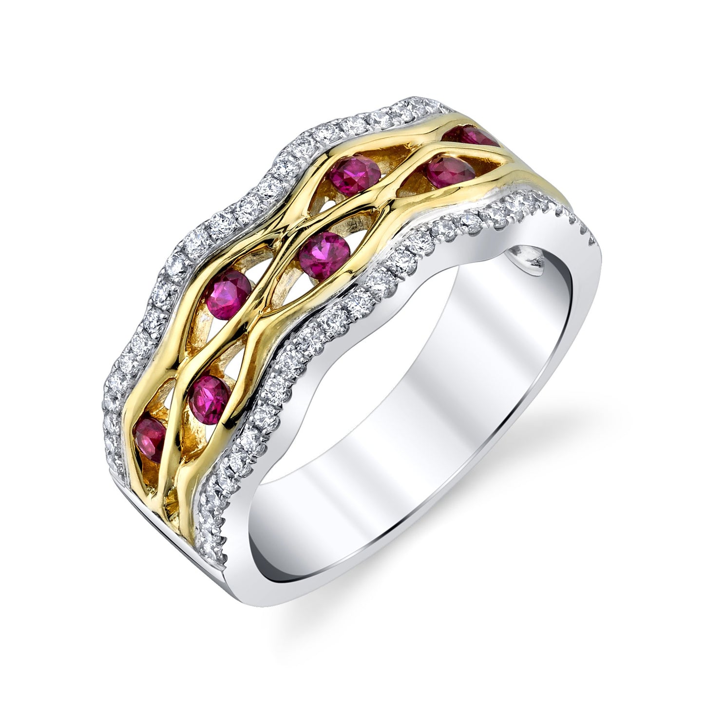 18K TWO TONE DIAMOND AND RUBY FASHION RING