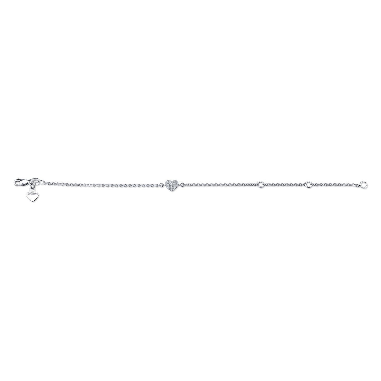 14K WHITE GOLD PAVE DIAMOND HEART ADJUSTABLE BRACELET 5", 6" OR 7"