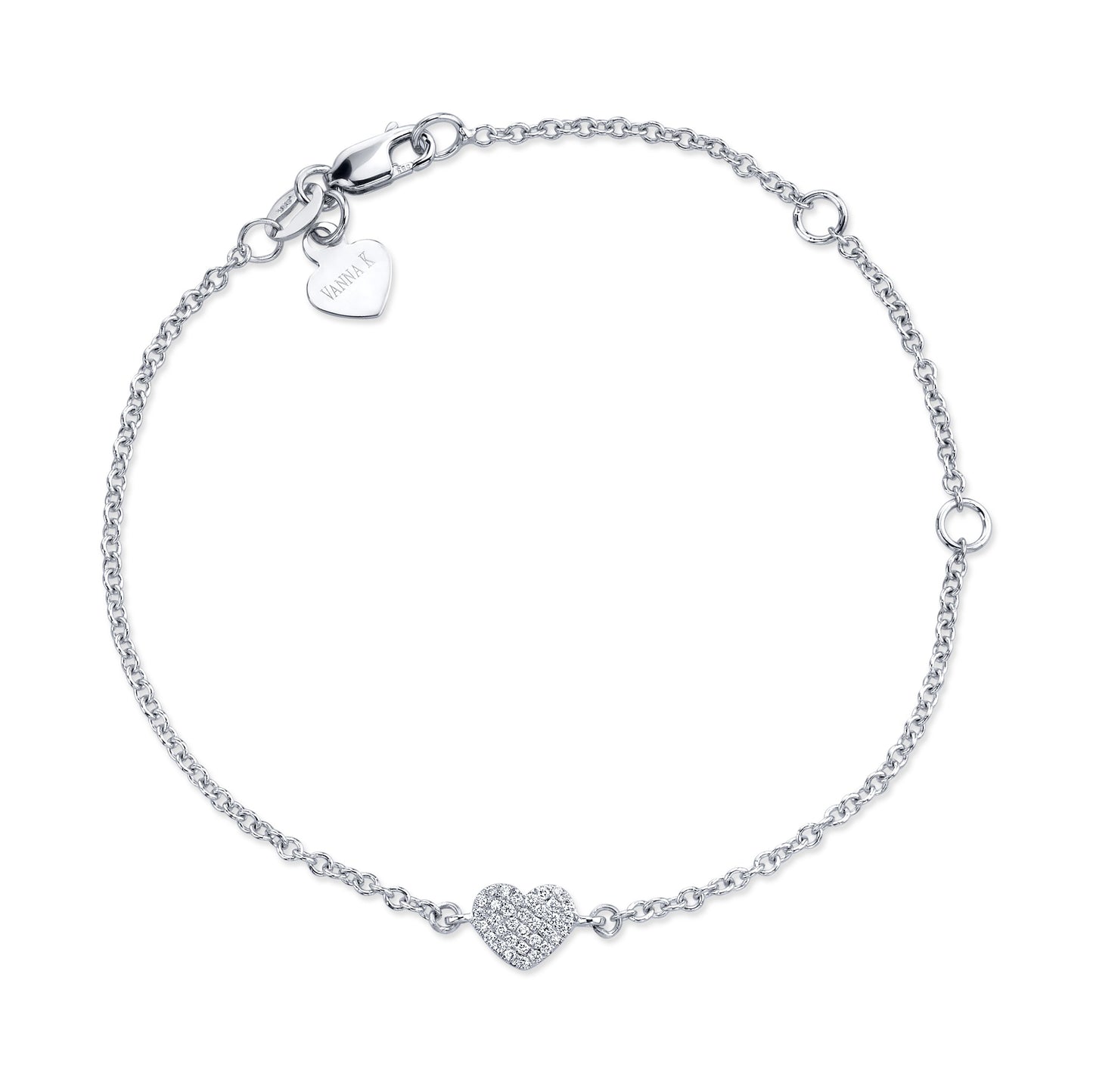 14K WHITE GOLD PAVE DIAMOND HEART ADJUSTABLE BRACELET 5", 6" OR 7"