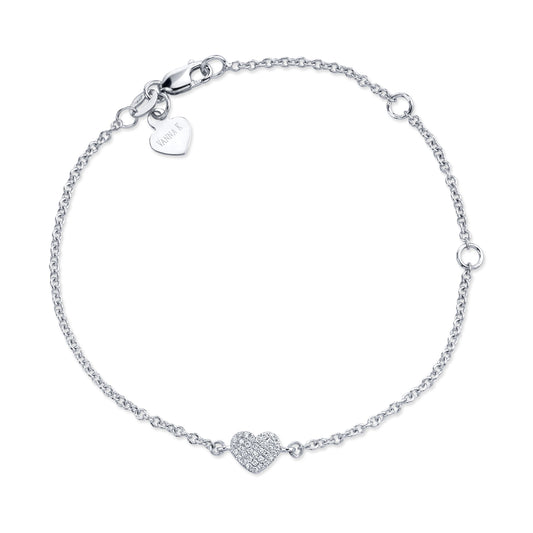 14K WHITE GOLD PAVE DIAMOND HEART ADJUSTABLE BRACELET 5", 6" OR 7"