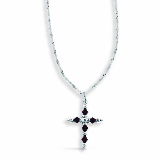 STERLING SILVER CROSS NECKLACE WITH GARNET SWAROVSKI CRYSTALS