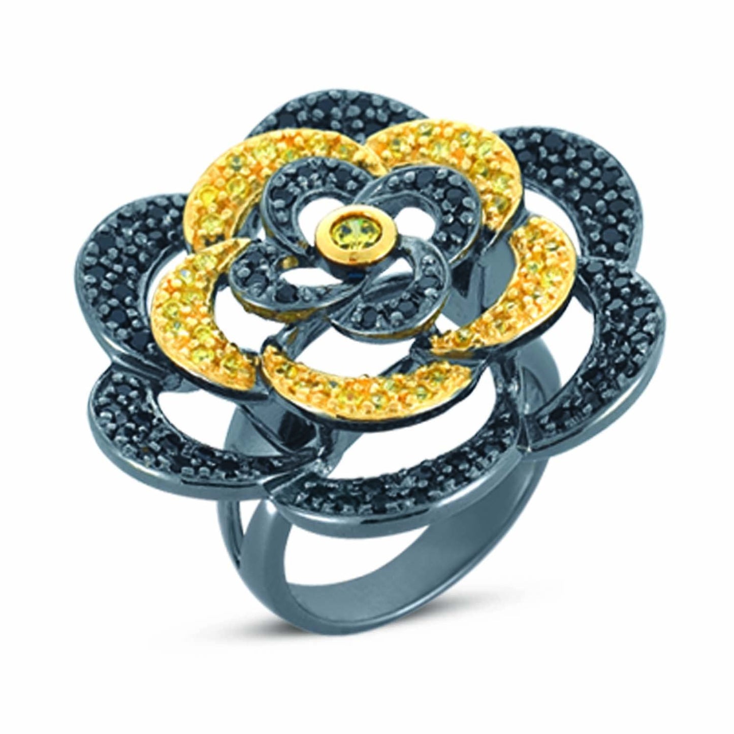 STERLING SILVER BLACK FLOWER RING WITH YELLOW AND BLACK CZ STONES