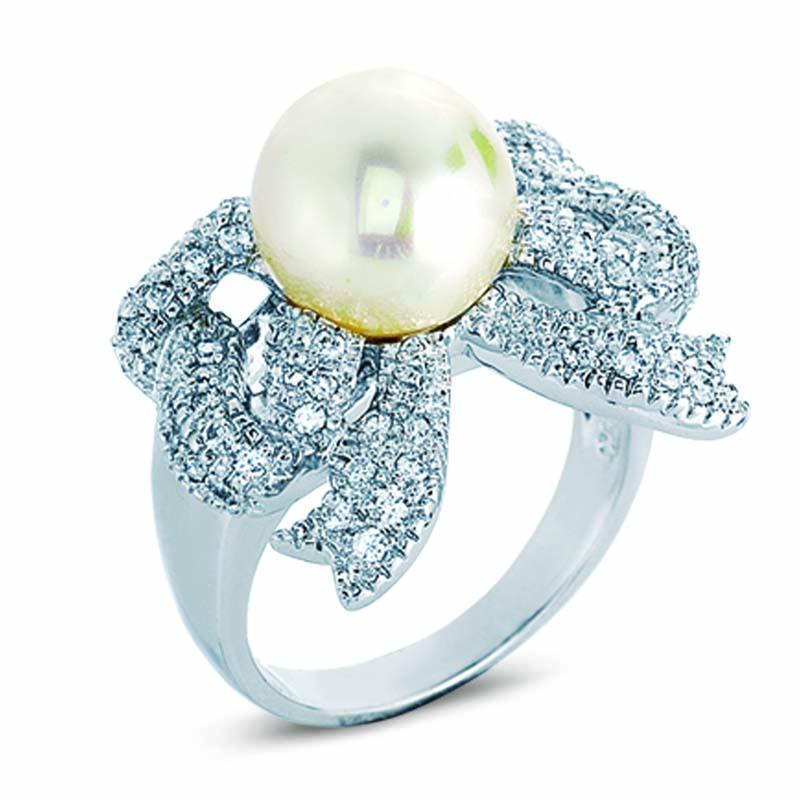 STERLING SILVER BOW RING WITH PEARL AND CZ STONES