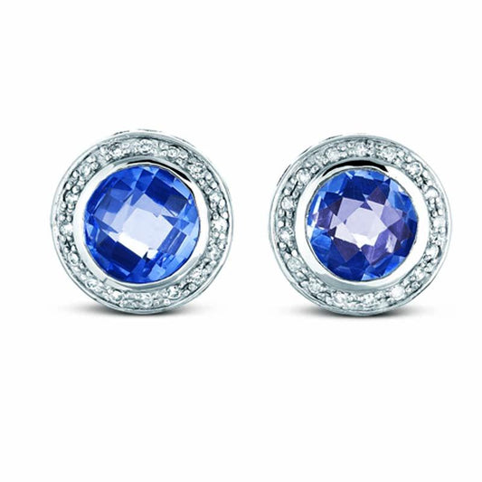 STERLING SILVER ROUND EARRINGS WITH BLUE CZ STONE