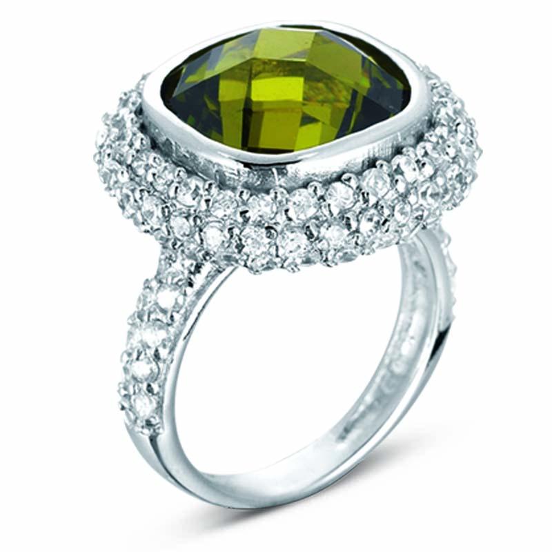 STERLING SILVER RING WITH SQUARE OLIVE CENTER AND CLEAR CZ STONES