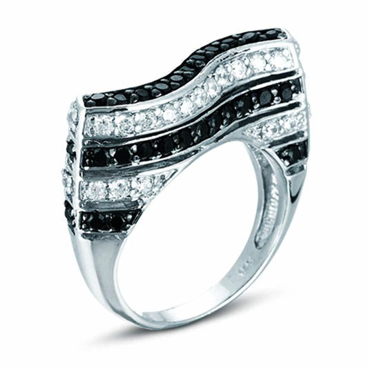 STERLING SILVER RING WITH BLACK AND CLEAR CZ STONES