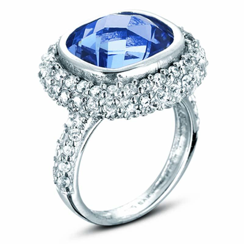 STERLING SILVER RING WITH SQUARE BLUE AND CLEAR CZ STONES