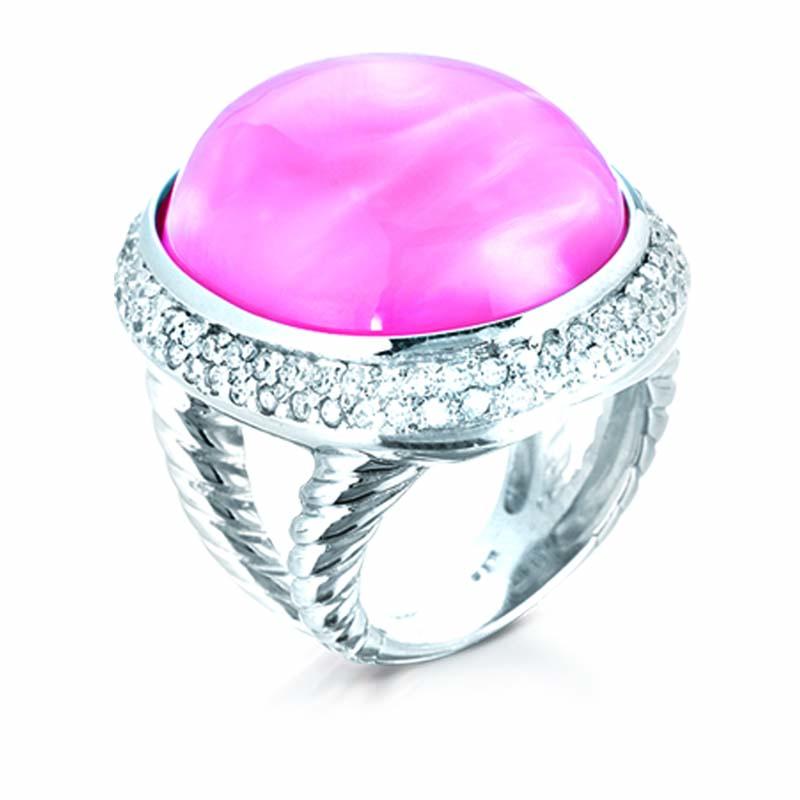 STERLING SILVER RING WITH PINK CABOCHON AND CZ STONES