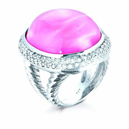 STERLING SILVER RING WITH PINK CABOCHON AND CZ STONES