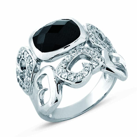 STERLING SILVER RING WITH MULTI-FACETED BLACK CENTER AND CLEAR CZ STONES