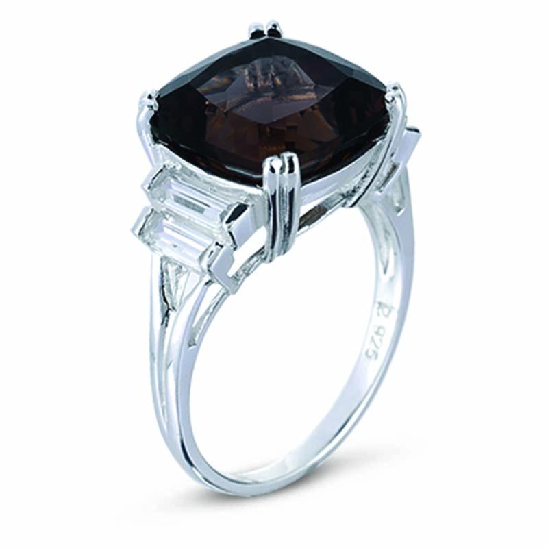 STERLING SILVER RING WITH SMOKY QUARTZ AND CZ STONES