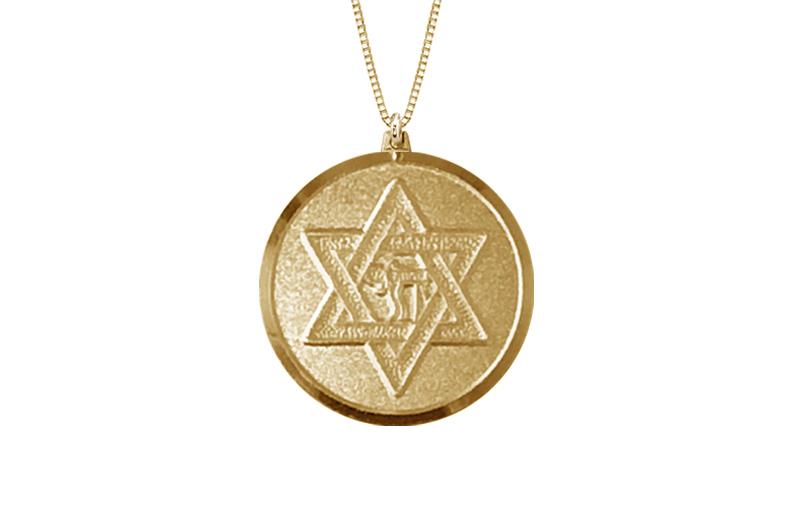 14K YELLOW GOLD 18MM ROUND STAR OF DAVID CHAI MEDAL