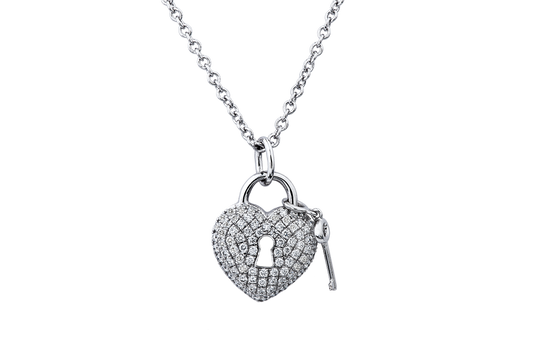 14K WHITE GOLD DIAMOND HEART LOCK AND KEY NECKLACE