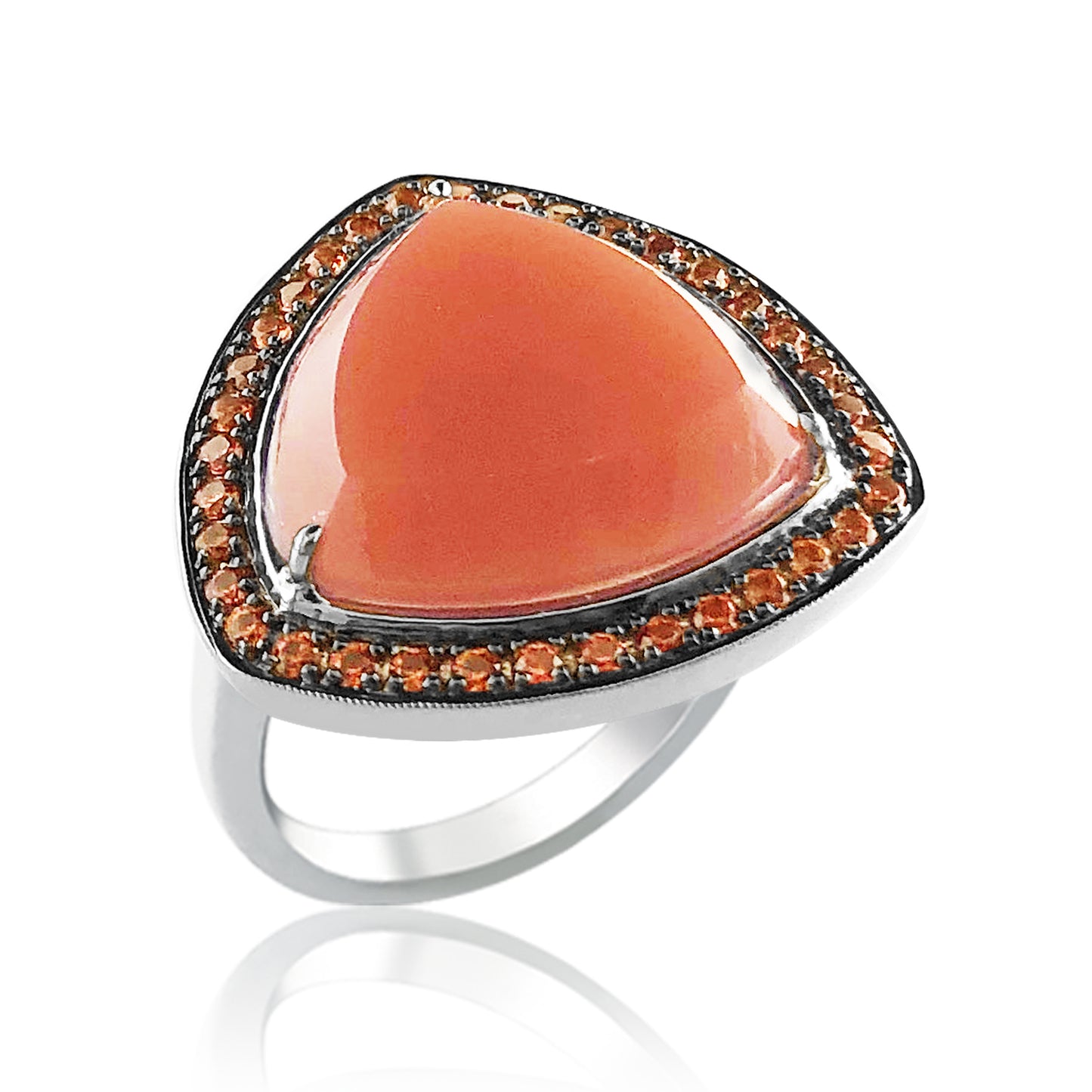 Sterling silver triangle moon stone ring with orange sapphire's