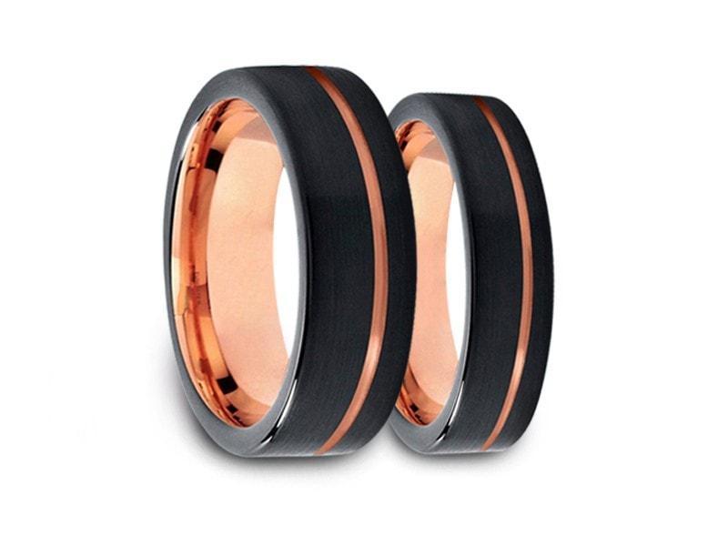 Tungsten Matching Wedding Band Set - Matching Bands - His/Hers - Engagement Ring Set - Two Tone Bands - Flat Shaped - Comfort Fit  6mm/8mm - Vantani Wedding Bands
