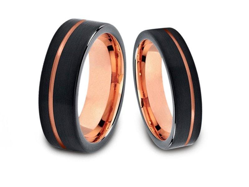 Tungsten Matching Wedding Band Set - Matching Bands - His/Hers - Engagement Ring Set - Two Tone Bands - Flat Shaped - Comfort Fit  6mm/8mm - Vantani Wedding Bands