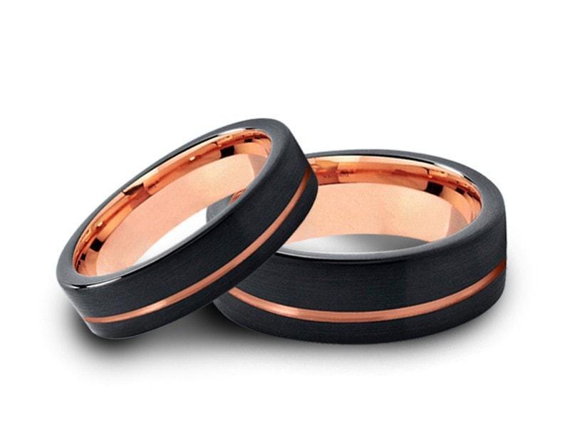 Tungsten Matching Wedding Band Set - Matching Bands - His/Hers - Engagement Ring Set - Two Tone Bands - Flat Shaped - Comfort Fit  6mm/8mm - Vantani Wedding Bands