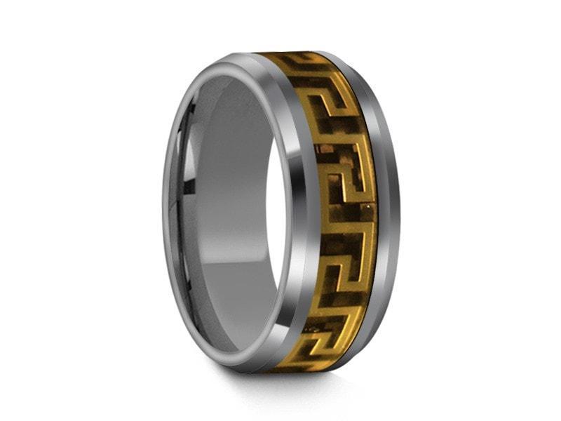 Tungsten  Wedding Band With Yellow Design - High Polish - Engagement Ring - Beveled Shaped - Comfort Fit  8mm - Vantani Wedding Bands